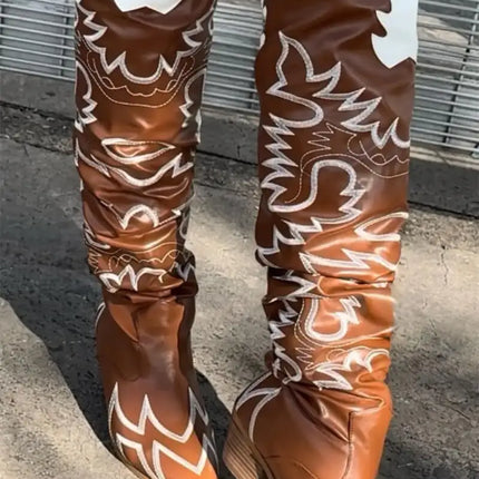 Onlymaker Women’s Wide-Calf Knee-High Embroidered Cowboy Boots