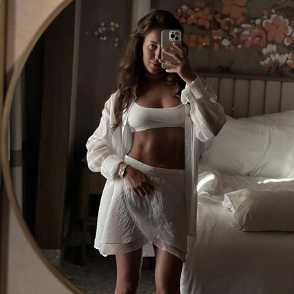 VEITCHE Linen Two-Piece Set – Long Sleeve Shirt & Mini Skirt Beachwear