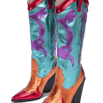 Women’s Retro Multicolor Mid-Calf Chunky Heel Boots