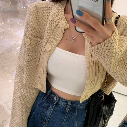 Women’s O-Neck Cropped Knit Cardigan with Pockets