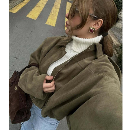 MUJER 2025 Oversized Suede Bomber – Padded Varsity Streetwear Coat
