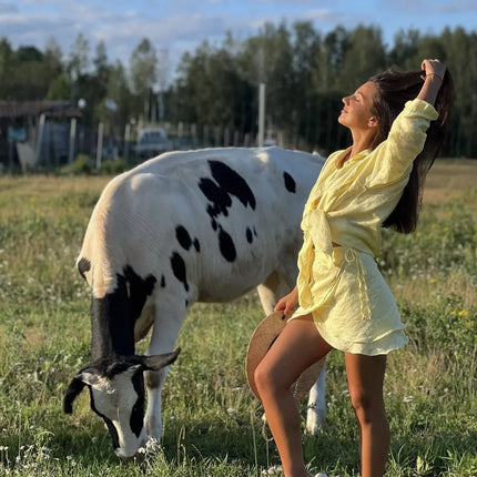 VEITCHE Linen Two-Piece Set – Long Sleeve Shirt & Mini Skirt Beachwear