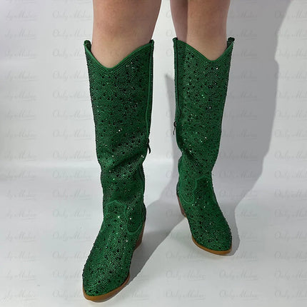 Onlymaker Women’s Rhinestone Green Knee-High Cowboy Boots