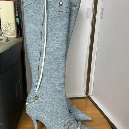 Women’s Pointed Rivet Tassel Knee-High Boots with Side Zip