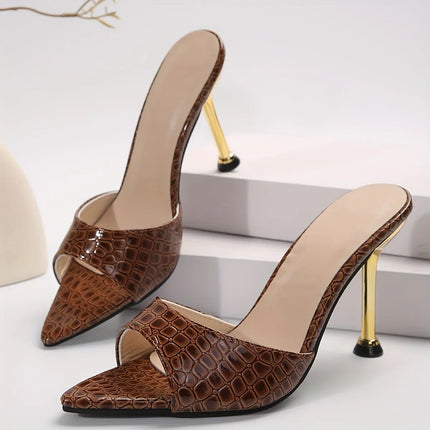 Women’s Crocodile-Texture Pointed-Toe Stiletto Sandals