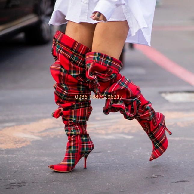 Women’s Plaid Over-the-Knee Pointed-Toe Stiletto Boots