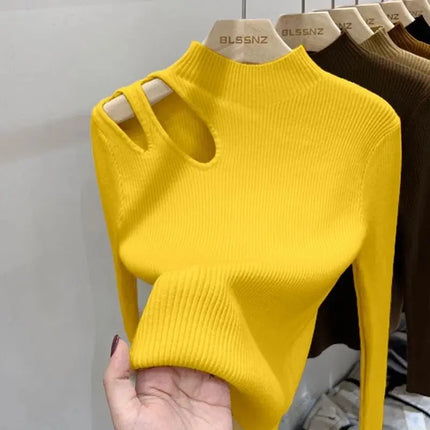 Women’s Hollow-Out Turtleneck Ribbed Knit Sweater