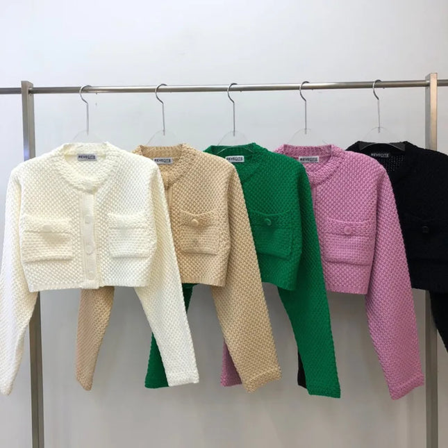 Women’s O-Neck Cropped Knit Cardigan with Pockets