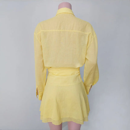 VEITCHE Linen Two-Piece Set – Long Sleeve Shirt & Mini Skirt Beachwear