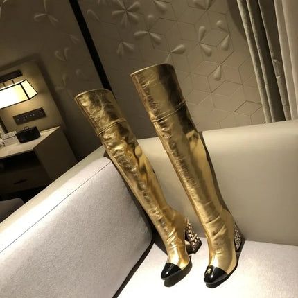 Rhinestone Cowhide Mid-Knee Heeled Boots