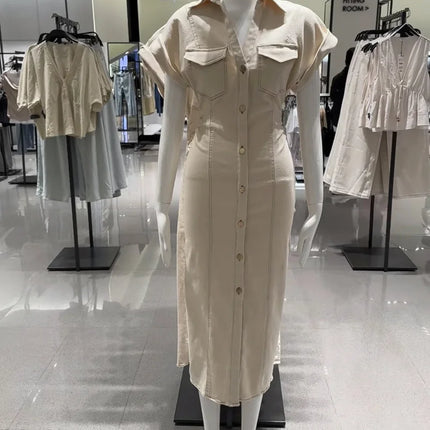 ETJ 2025 Denim Midi Dress – 1975 Retro Slim Fit with Lapel
