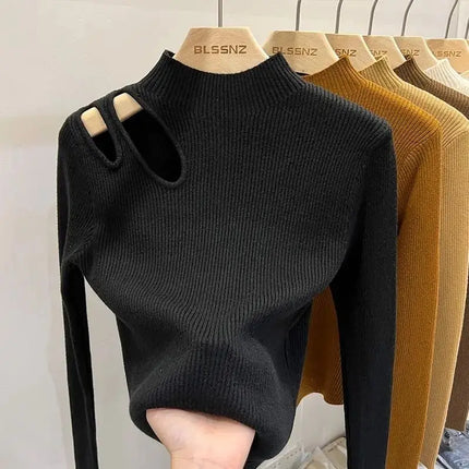 Women’s Hollow-Out Turtleneck Ribbed Knit Sweater