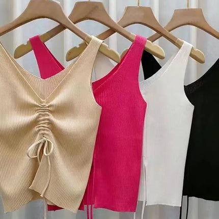 StretchFit – Summer Ribbed Drawstring V-Neck Crop Top