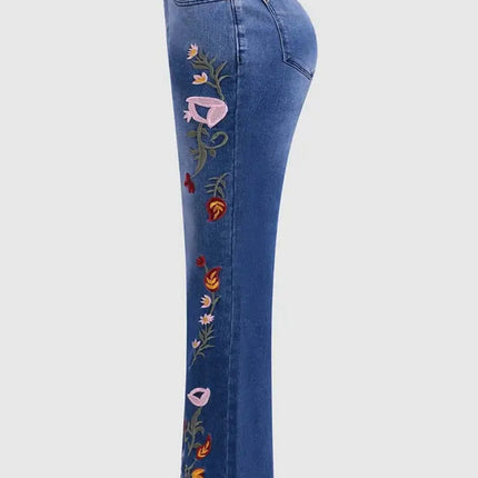 Women’s High-Waist Floral-Print Slim Flare Denim Jeans with Raw-Edge Hem