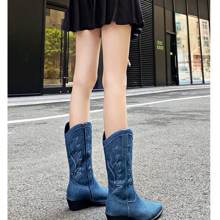 2024 Blue Denim Mid-Calf Embroidered Cowboy Boots