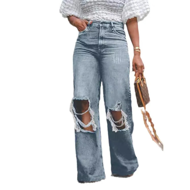 Women’s High-Waist Wide Leg Distressed Ripped Jeans