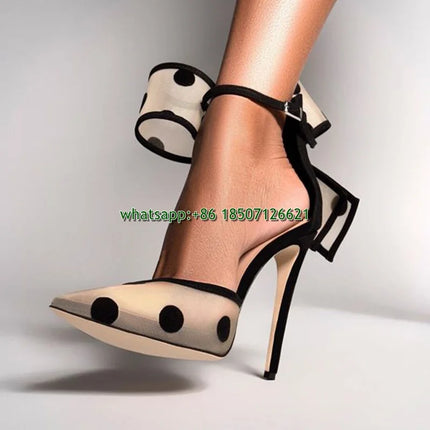 Women’s Plus-Size Polka Dot Mesh Slingback Heels with Bow