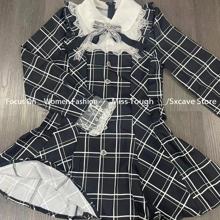 Harajuku Kawaii Bow Plaid Dress – Slim Fit Lolita Style