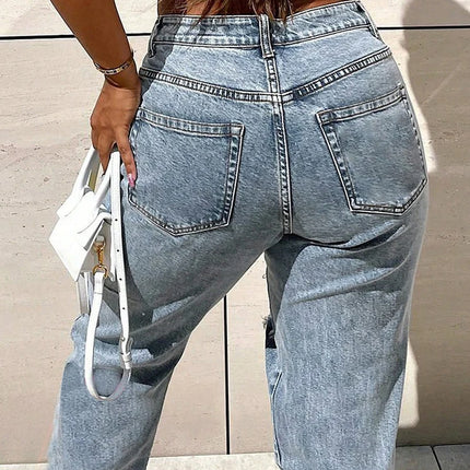 Women’s High-Waist Butterfly Print Ripped Straight Jeans