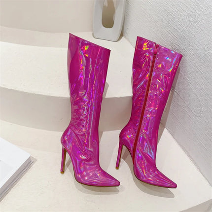 Liyke Women’s Green Patent Leather Knee-High Heels