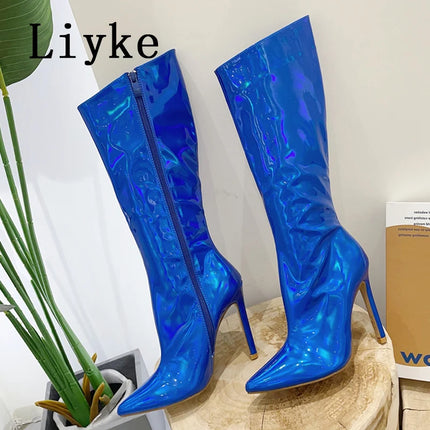Liyke Women’s Green Patent Leather Knee-High Heels