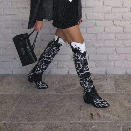 Onlymaker Women’s Wide-Calf Knee-High Embroidered Cowboy Boots