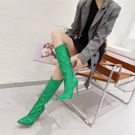 Liyke Women’s Green Patent Leather Knee-High Heels