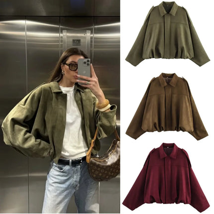 ETJ 2025 TRAF Suede Effect Loose Lapel Bomber Jacket