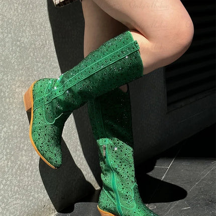 Onlymaker Women’s Rhinestone Green Knee-High Cowboy Boots
