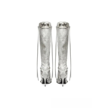 Women’s Pointed Rivet Tassel Knee-High Boots with Side Zip