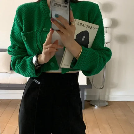 Women’s O-Neck Cropped Knit Cardigan with Pockets