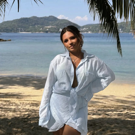 VEITCHE Linen Two-Piece Set – Long Sleeve Shirt & Mini Skirt Beachwear