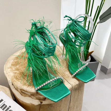 Eilyken Women’s Fuzzy Feather Transparent High-Heel Sandals