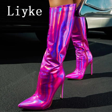 Liyke Women’s Green Patent Leather Knee-High Heels