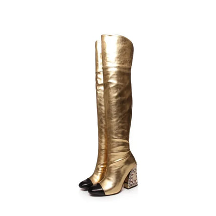 Rhinestone Cowhide Mid-Knee Heeled Boots