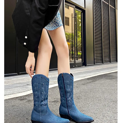 2024 Blue Denim Mid-Calf Embroidered Cowboy Boots