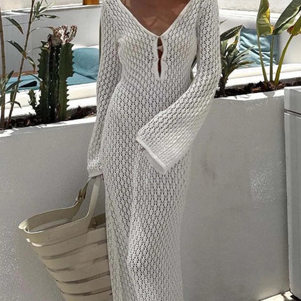 See-Through Deep V Knit Cover-Up – Sexy Backless Beach Dress