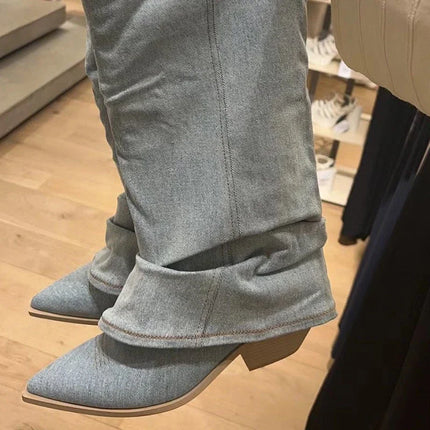 Women’s Blue Denim Thigh-High Cowboy Boots