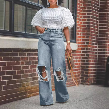 Women’s High-Waist Wide Leg Distressed Ripped Jeans