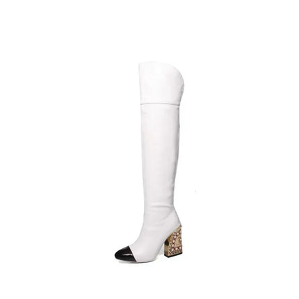 Rhinestone Cowhide Mid-Knee Heeled Boots