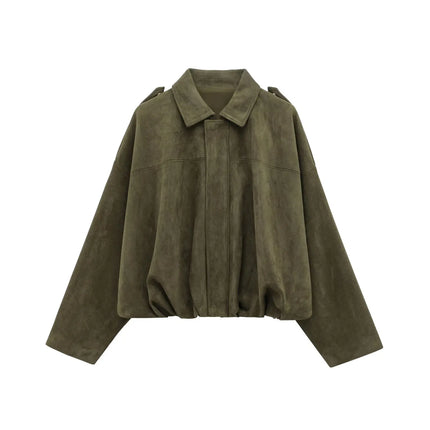 TRAFZA Brown-Green Suede Bomber – Vintage Motorcycle Jacket