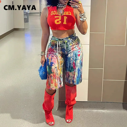 CM.YAYA Women’s Retro Graffiti Print Ripped Straight Denim Jeans