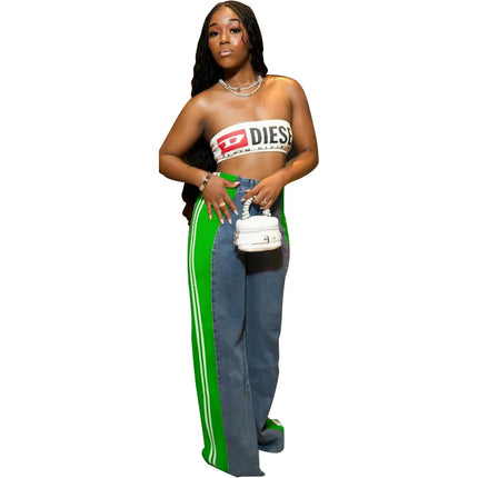 Women’s Patchwork Striped High-Waist Wide-Leg Jeans