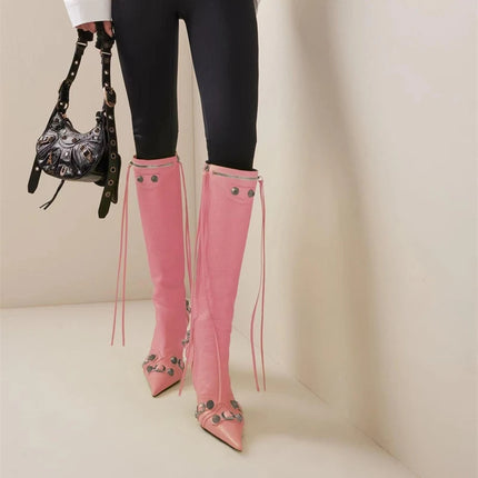 Women’s Pointed Rivet Tassel Knee-High Boots with Side Zip