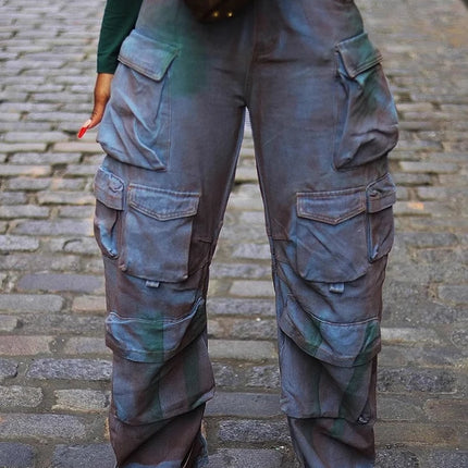 Vintage Women’s High-Waist Wide-Leg Cargo Jeans with Multi Pockets
