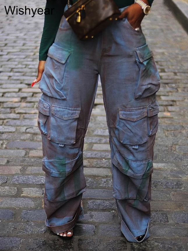 Vintage Women’s High-Waist Wide-Leg Cargo Jeans with Multi Pockets
