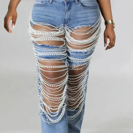 CM.YAYA Women’s Pearl Beaded Ripped Tassel Wide-Leg Jeans