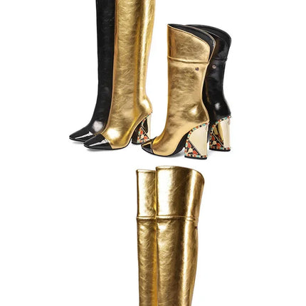 Rhinestone Cowhide Mid-Knee Heeled Boots