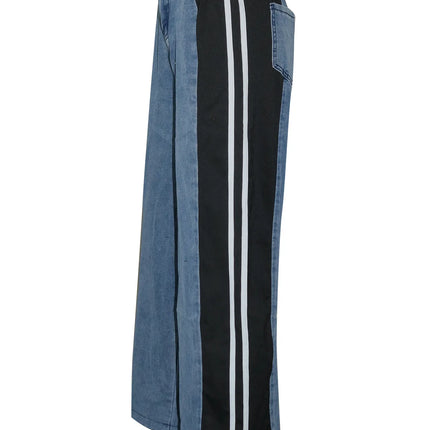Women’s Patchwork Striped High-Waist Wide-Leg Jeans