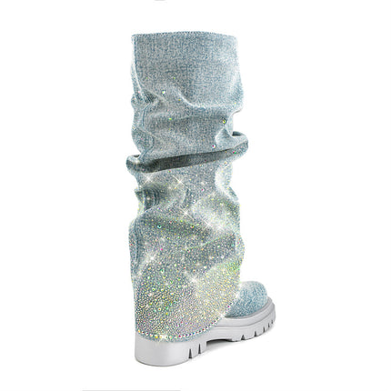Women’s Blue Denim Pleated Platform Boots with Rhinestones